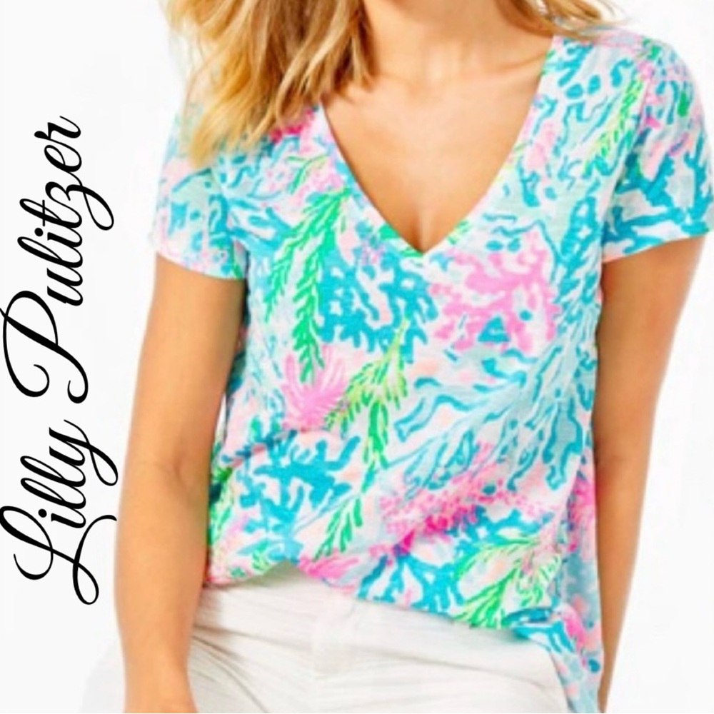 Lilly Pulitzer Etta Short Sleeve V-Neck Top Multi Coral Bay Size XXS NWOT